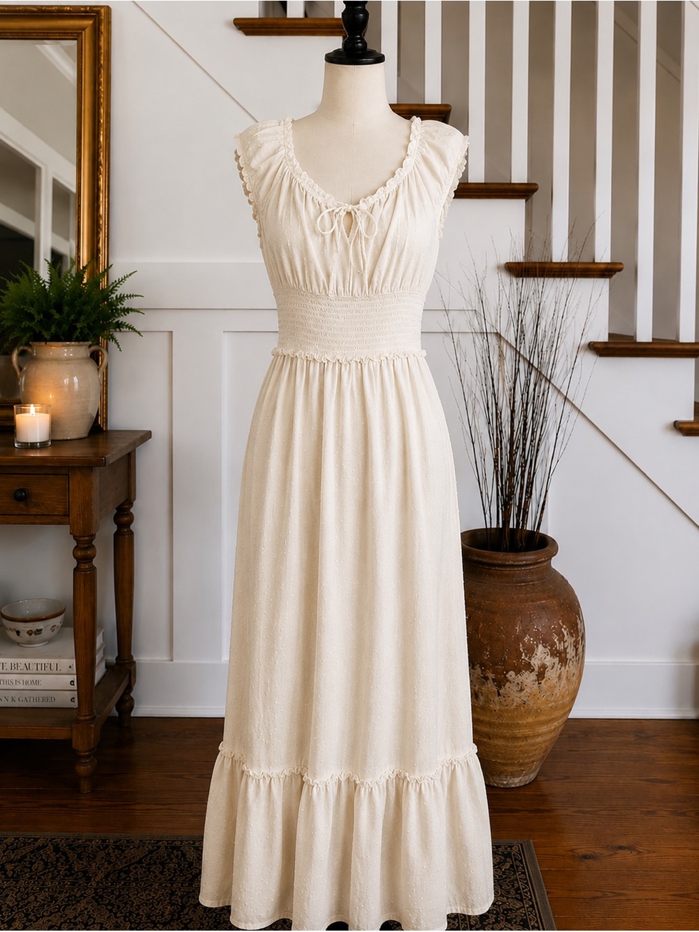 Cream Smocked Waist Maxi Dress